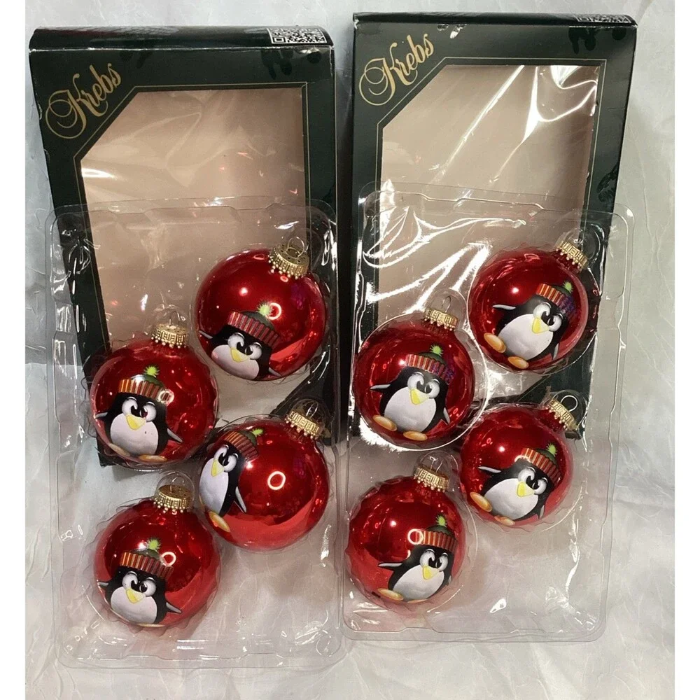 Krebs Glass Ornaments 8 Candy Apple Red Balls With Stocking Cap Penguin 2 Boxes